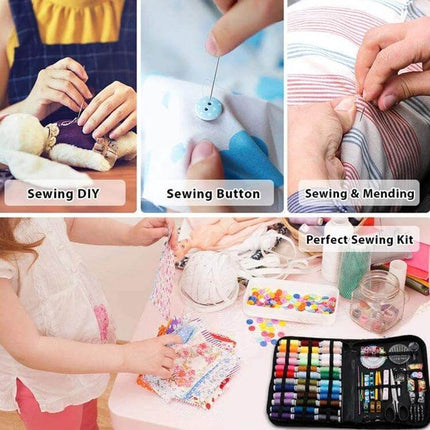 Multifunctional Portable Sewing Box Set For Home Repairs showing compact polyester bag, threads, needles, buttons and tools for mending and crafts