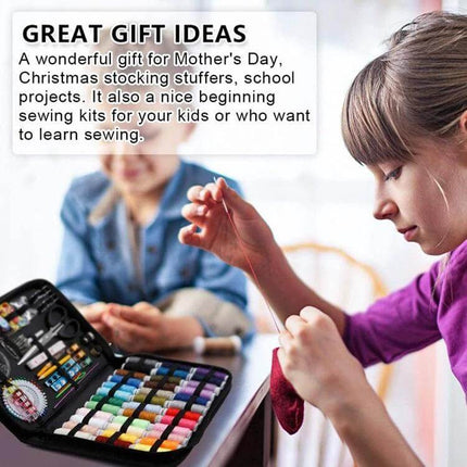 Multifunctional Portable Sewing Box Set For Home Repairs shown open with organized threads, tools and a person hand-sewing a fabric piece