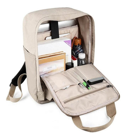 Multifunctional Waterproof Laptop Bag For 13-15.6 Inch Laptops - beige backpack open showing organized compartments, padding, bottle pocket, and tech accessories