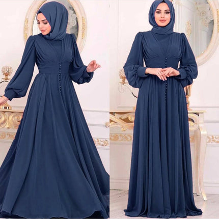 Muslim Women's Long Sleeve Chiffon Dress - Size L navy blue modest flowing chiffon gown with long sleeves and full-length skirt