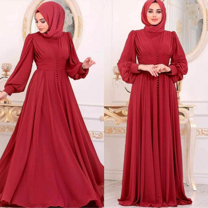 Muslim Women's Long Sleeve Chiffon Dress - Size L in elegant red chiffon with long sleeves, full-length skirt, modest silhouette, button-front waist