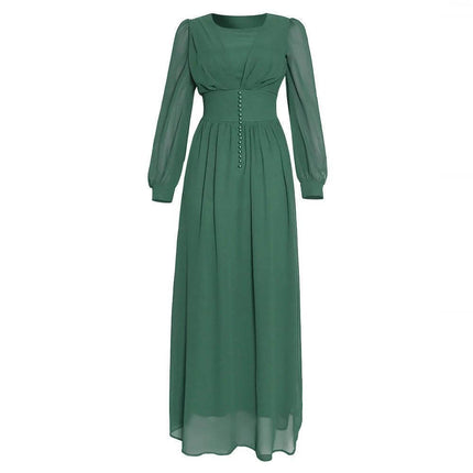 Muslim Women's Long Sleeve Chiffon Dress - Size L in green, modest long-sleeve chiffon gown with fitted waist and full-length skirt
