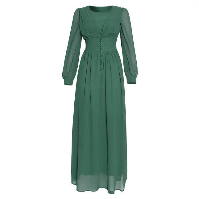 Muslim Women's Long Sleeve Chiffon Dress - Size L in green, modest long-sleeve chiffon gown with fitted waist and full-length skirt