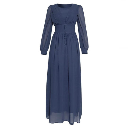 Muslim Women's Long Sleeve Chiffon Dress - Size L navy blue chiffon modest long-sleeve full-length gown