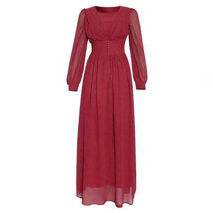 Muslim Women's Long Sleeve Chiffon Dress - Size L in red, modest flowing chiffon gown with long sheer sleeves and full-length skirt