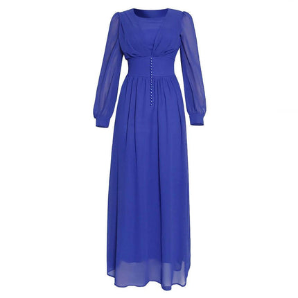 Muslim Women's Long Sleeve Chiffon Dress - Size L in navy blue long modest chiffon gown with puffed long sleeves and buttoned waist