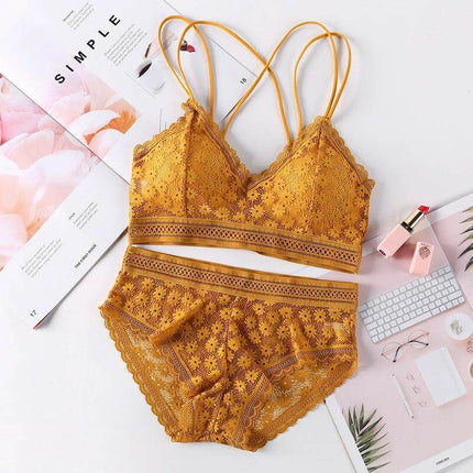 Cotton Blend Lace Bra Fits 32-34 A-C Cups For Everyday Wear - mustard lace bralette and matching panties on flat lay