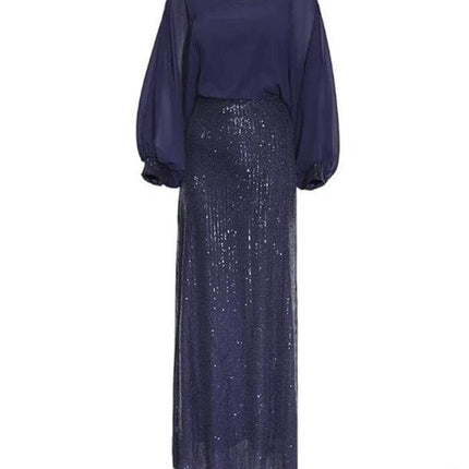 African Beaded Chiffon Party Dress 3XL For Evening Events navy chiffon top with beaded sequin skirt, long elegant gown for weddings and formal dinners