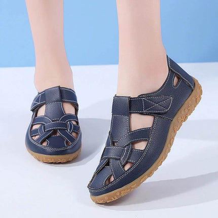 Beach Hollowed Flat Sandals For Casual Summer Wear - navy patent-style leather, Velcro closure, breathable hollowed design for beach days and travel