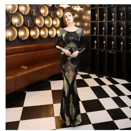 Fashion Stitching Mopping Long Sequin Dress Navy Blue - floor-length navy sequin gown with U-neck and short sleeves for formal events