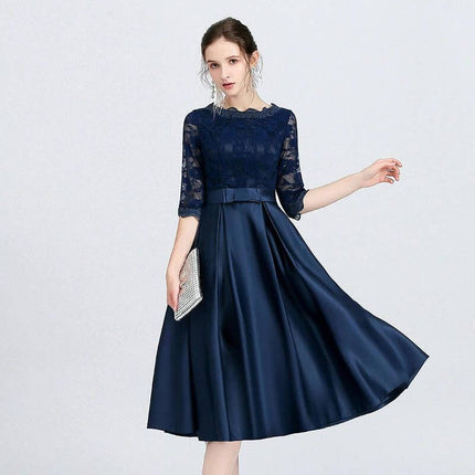 Versatile Casual Mid Length Evening Dress With Zipper navy blue Vinylon dress with lace top, three-quarter sleeves and flared skirt