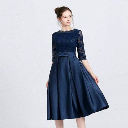Versatile Casual Mid Length Evening Dress With Zipper in navy blue Vinylon with lace bodice and bow waist, office-to-evening mid-length style