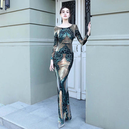 Fashion Stitching Mopping Long Sequin Dress Navy Blue modeled on woman in floor-length sequin gown with U-neck and long sleeves for formal events