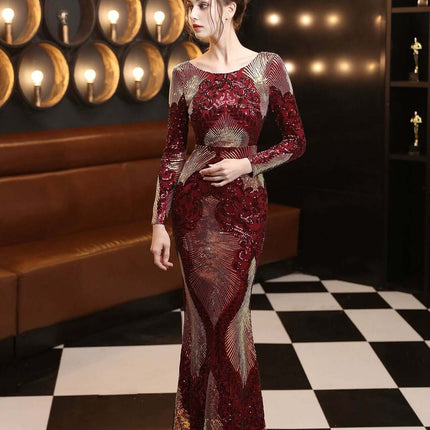 Fashion Stitching Mopping Long Sequin Dress Navy Blue modeled on stage-ready woman in fitted floor-length sequin gown for formal events