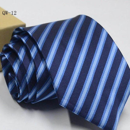 Alt Tag: Business Dress Tie For Men Striped Polyester 8cm Width navy blue woven stripe tie with jacquard texture for office and formal wear