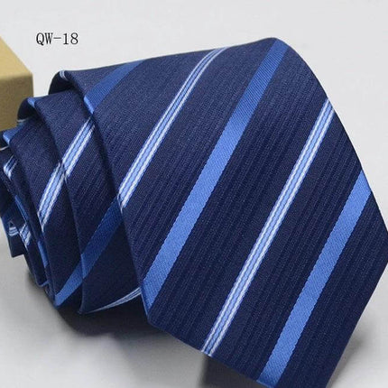 Business Dress Tie For Men Striped Polyester 8cm Width in navy blue jacquard with light blue woven stripes, classic arrow tip, office and formal wear