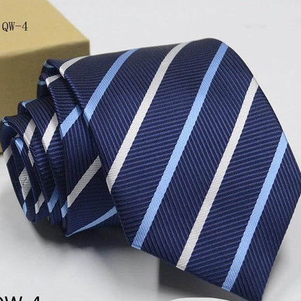 Business Dress Tie For Men Striped Polyester 8cm Width navy blue woven stripe tie with jacquard texture, classic arrow tip for office and formal wear