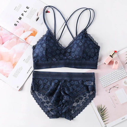 Cotton Blend Lace Bra Fits 32-34 A-C Cups For Everyday Wear - navy lace cotton-blend bra and matching briefs flatlay