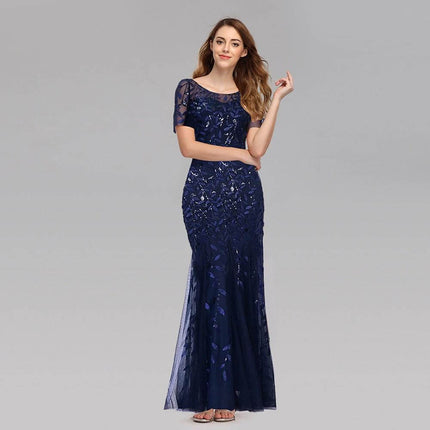 Evening Dress Floor-Length For Formal Occasions You Can Wear - navy lace embroidery round-neck gown with delicate embellishments