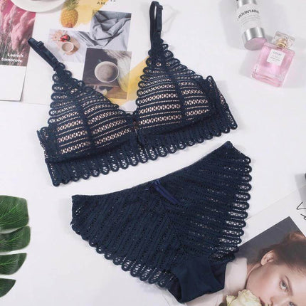 Sexy Lace Front Buckle Bra Wireless 3/4 Cup Everyday Wear in navy lace set laid flat showing front buckle and matching briefs