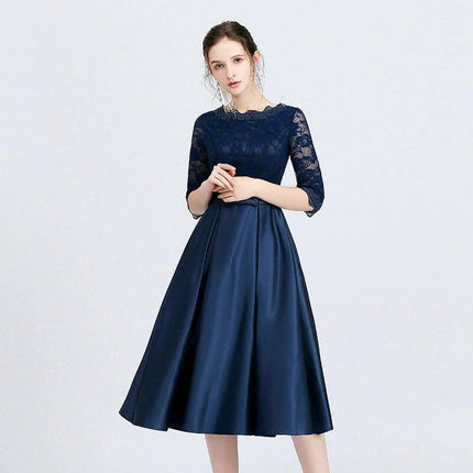 Versatile Casual Mid Length Evening Dress With Zipper navy blue lace-sleeve vinylon office-to-evening midi dress