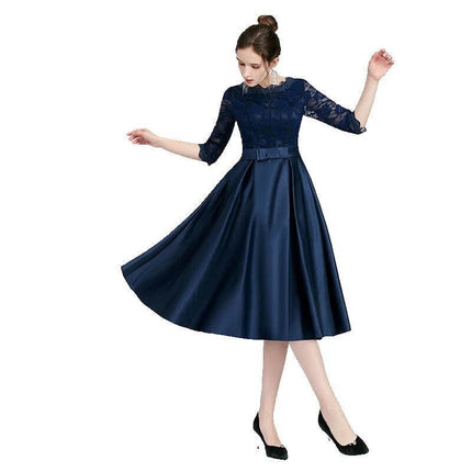 Versatile Casual Mid Length Evening Dress With Zipper in navy blue lace top and satin skirt, office-to-evening style, sizes XS-XXXL