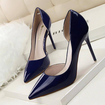 Pointed Stiletto Low Heel Patent Pumps For Women Everyday - navy glossy patent pointed-toe 10.5 cm stiletto heels for office or evening wear