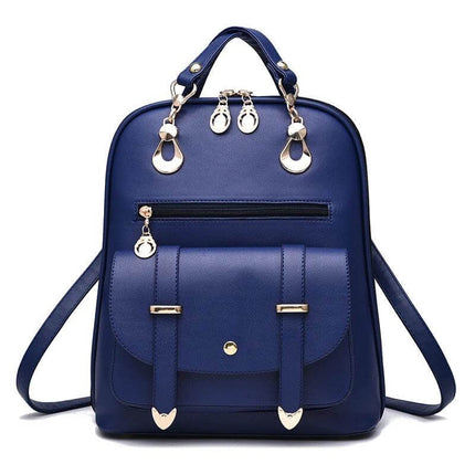 PU Leather Convertible Womens Backpack For Daily Use - navy blue convertible PU leather backpack with front pocket, gold hardware and adjustable straps