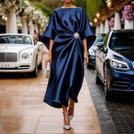 Satin Long High Waist Dress With Pearl Flower Accent in navy satin pullover with batwing sleeves and jeweled side pearl flower accent, office-to-event look