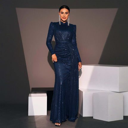 Sequined Banquet Dress Long Sleeve for Evening Events - navy sequin long-sleeve hip-skirt gown for weddings, galas, corporate dinners