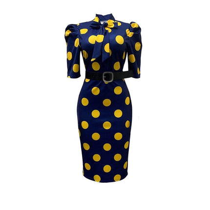 Lace Up Polka Dot Pencil Skirt For Office Wear Mid Length navy polka dot mid-length pencil skirt with lace-up waist detail and belt