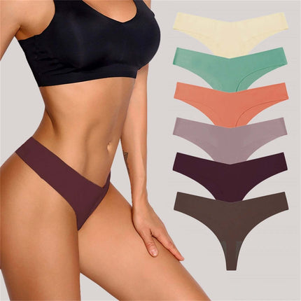 Ice Silk Seamless T Back Panty Nude For Everyday Comfort - nude low-waist seamless T-back panty shown on model with six color options, breathable invisible-underwear