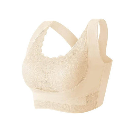 Lace Back Wire Free Push Up Bra With Side Buckle For Comfort in beige, lace back, removable pads and side buckle for daily breathable support