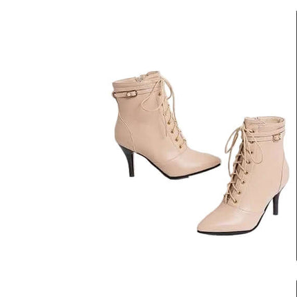 Lace Up Stiletto Ankle Boots With Side Zipper For Everyday Wear - nude lace-up pointed toe 8cm stiletto ankle boots with side zipper and buckle