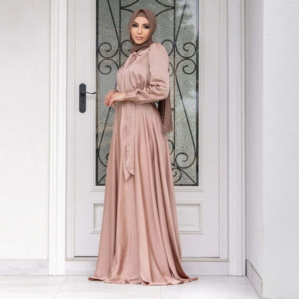 Satin Dress With Lace Up Hem For Everyday Casual Wear in nude pink polyester satin, modest long sleeve maxi styled with hijab