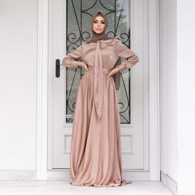 Satin Dress With Lace Up Hem For Everyday Casual Wear in nude pink polyester satin, modest long sleeve maxi with adjustable lace-up hem