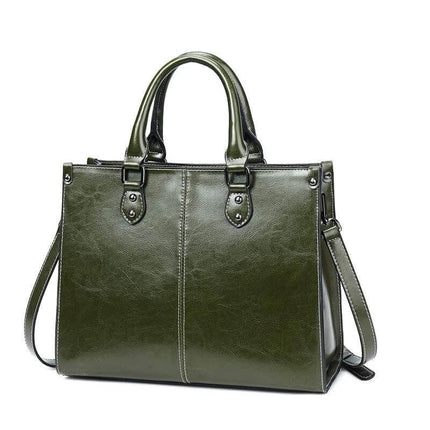 Oil Wax Leather Sling Handbag For Everyday Shoulder Use - olive oil-waxed cowhide sling, structured compact bag fits iPad 10.5" and essentials