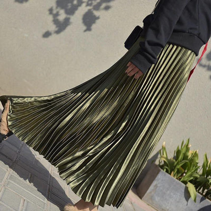 Pleated Satin Skirt, High Waist For Spring And Summer in olive green glossy pleated satin, high-waist silhouette styled with casual top