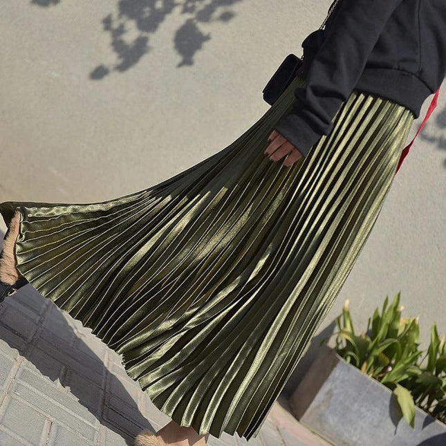Pleated Satin Skirt, High Waist For Spring And Summer in olive green glossy pleated satin, high-waist silhouette styled with casual top