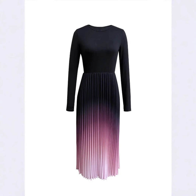 Ombre Patchwork Maxi Dress With Elastic Waist In Black - long sleeve polyester A-line maxi with pleated ombre skirt and elastic waist