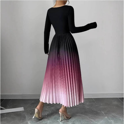 Ombre Patchwork Maxi Dress With Elastic Waist In Black - pleated A-line maxi with elastic waist, long sleeves and black-to-pink ombre patchwork skirt