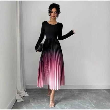 Ombre Patchwork Maxi Dress With Elastic Waist In Black featuring long-sleeve fitted top and pleated ombre skirt in black to pink, floor-length casual A-line look