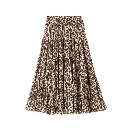 One Size Pleated Maxi Skirt For Everyday Wear in brown leopard print polyester with elastic waist and flowing pleats