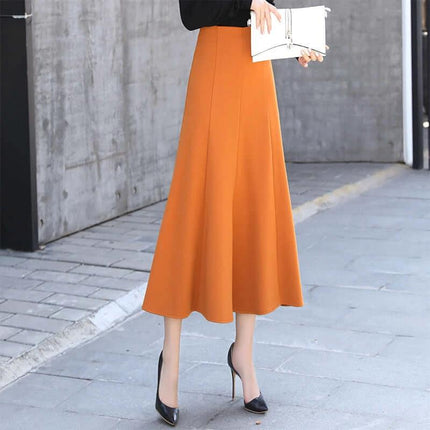 A Line Skirt Black Cotton Blend For Everyday Casual Wear - long orange A-line skirt styled with heels and clutch, front zipper detail, mid-weight drape