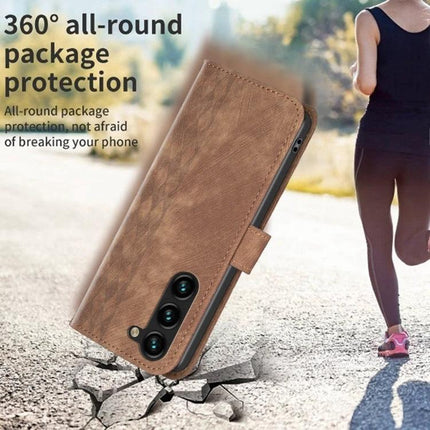 Plaid Embossed Leather Phone Case For Everyday Carry With Card Slots And Cash Pocket shown in brown folio style protecting phone with card slots