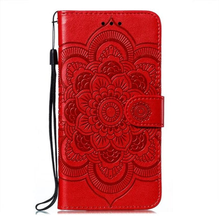 Sun Mandala Leather Case for Everyday iPhone Protection - red PU leather wallet case with embossed sun mandala, card slots and stand, wrist strap