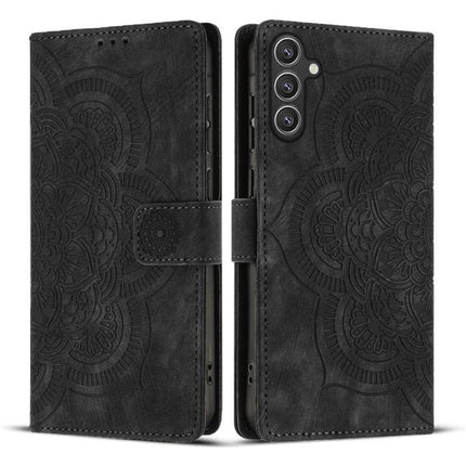 Leather Phone Case With Card Storage For Everyday Use – black PU leather wallet case with embossed mandala design, card slots and magnetic closure