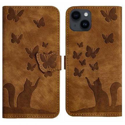 Butterfly Embossed Leather Flip Case for Daily Phone Protection brown PU leather wallet case with cat and butterfly design, card slots and kickstand
