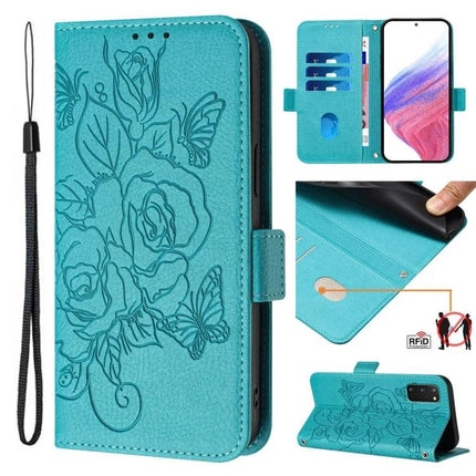 Leather Phone Case With Card Slots For Daily Errands turquoise floral RFID wallet case with kickstand and wrist strap