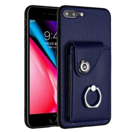 Organ Card Holder Case For iPhone 8 Plus 7 Plus With Ring Stand And 6 Card Slots - navy PU wallet case with ring stand and six card slots